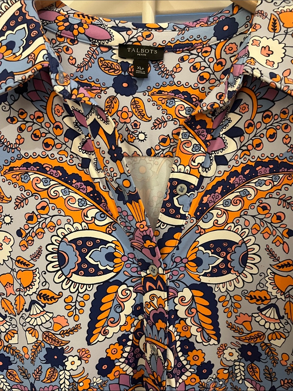 Talbots Paisley Button-Front Tunic in Light Blue, Orange & Purple Stretchy XLP - Picture 3 of 10